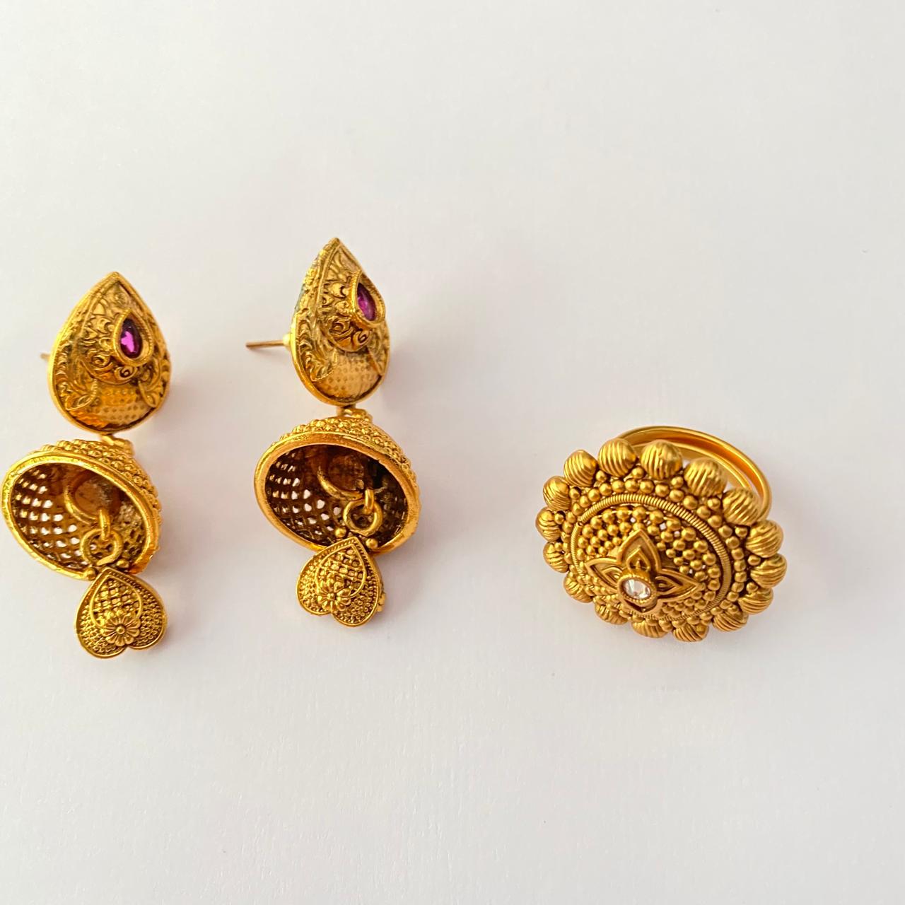 Antique Gold Plated Pink Stone Earring with Antique Gold Plated Big Ring Combo