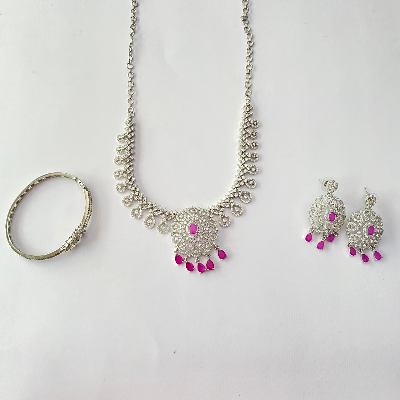 Pink Stone Silver Plated Diamond Necklace Set with Diamond Silver Plated Bracelet Combo