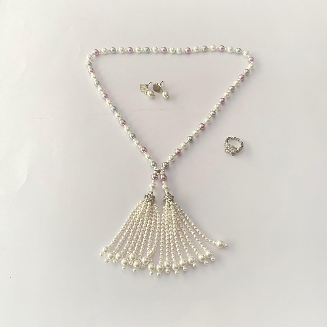 Pearl Latest design necklace with silver plated diamond ring Combo