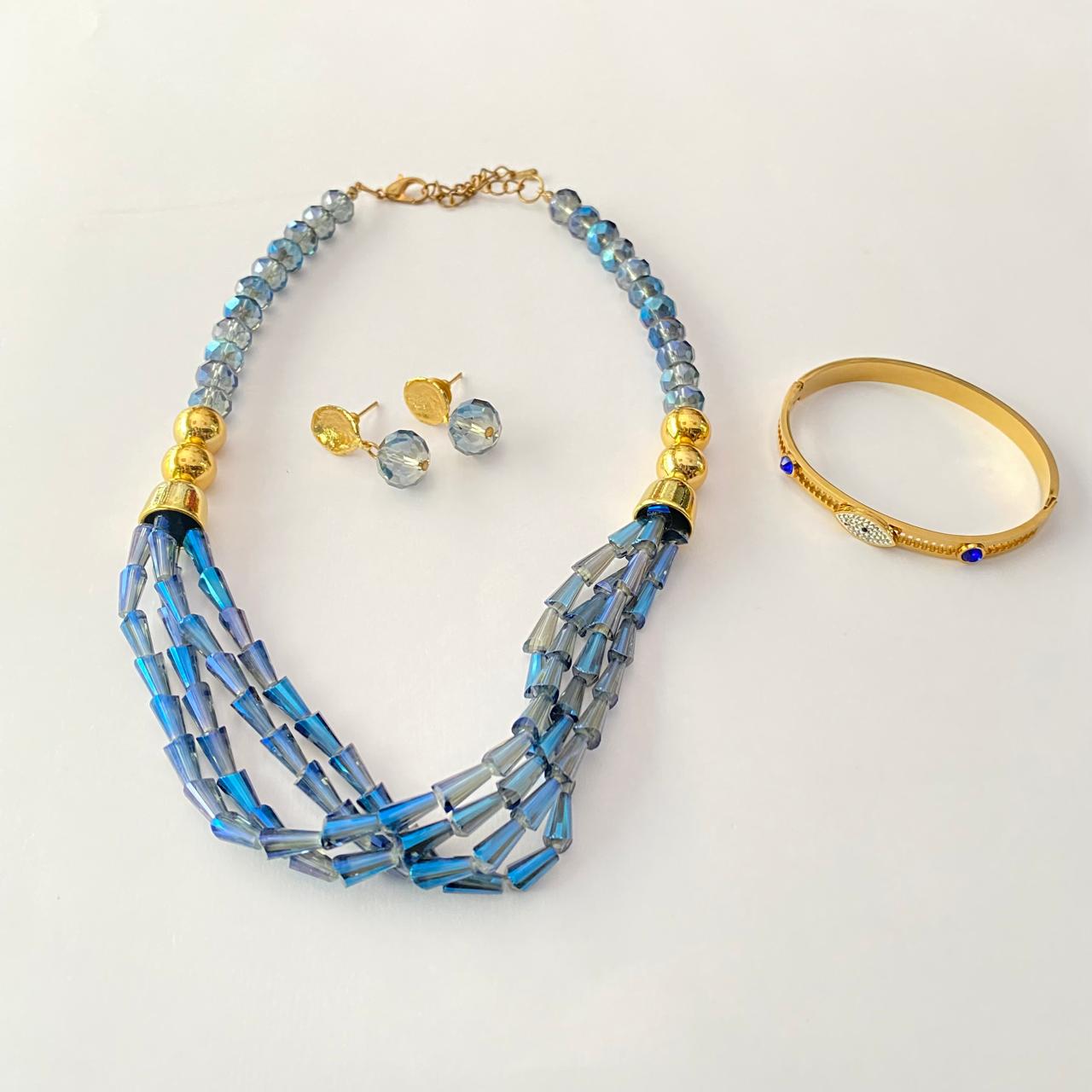 Blue Crystals necklace set with evil eye bracelet combo