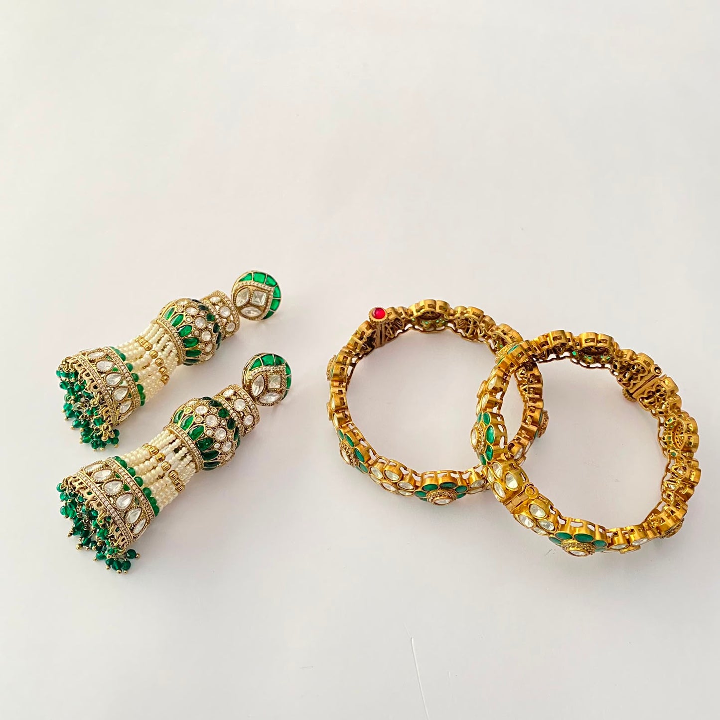 Antique Gold Green Kundan Bangle With Jhumka Combo