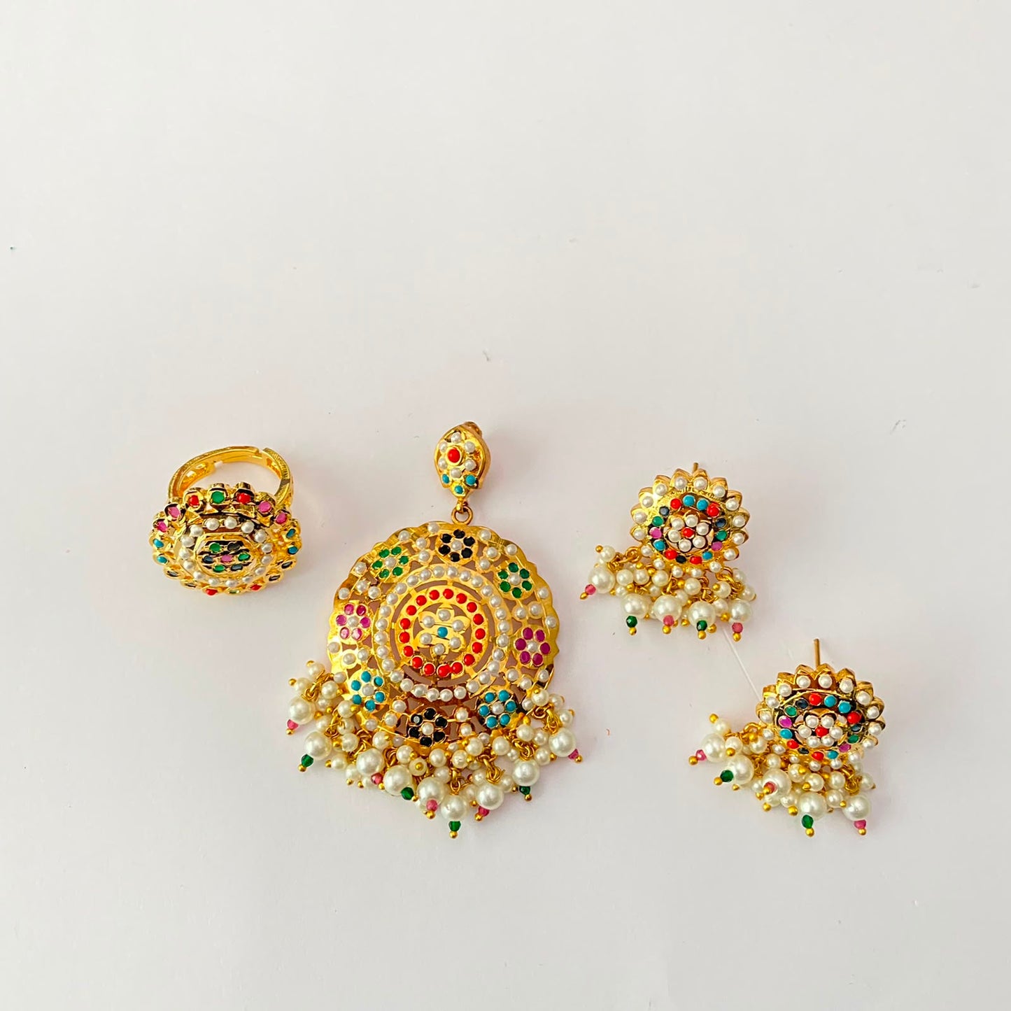 Gold Plated Jadau Pendant And Ring Combo