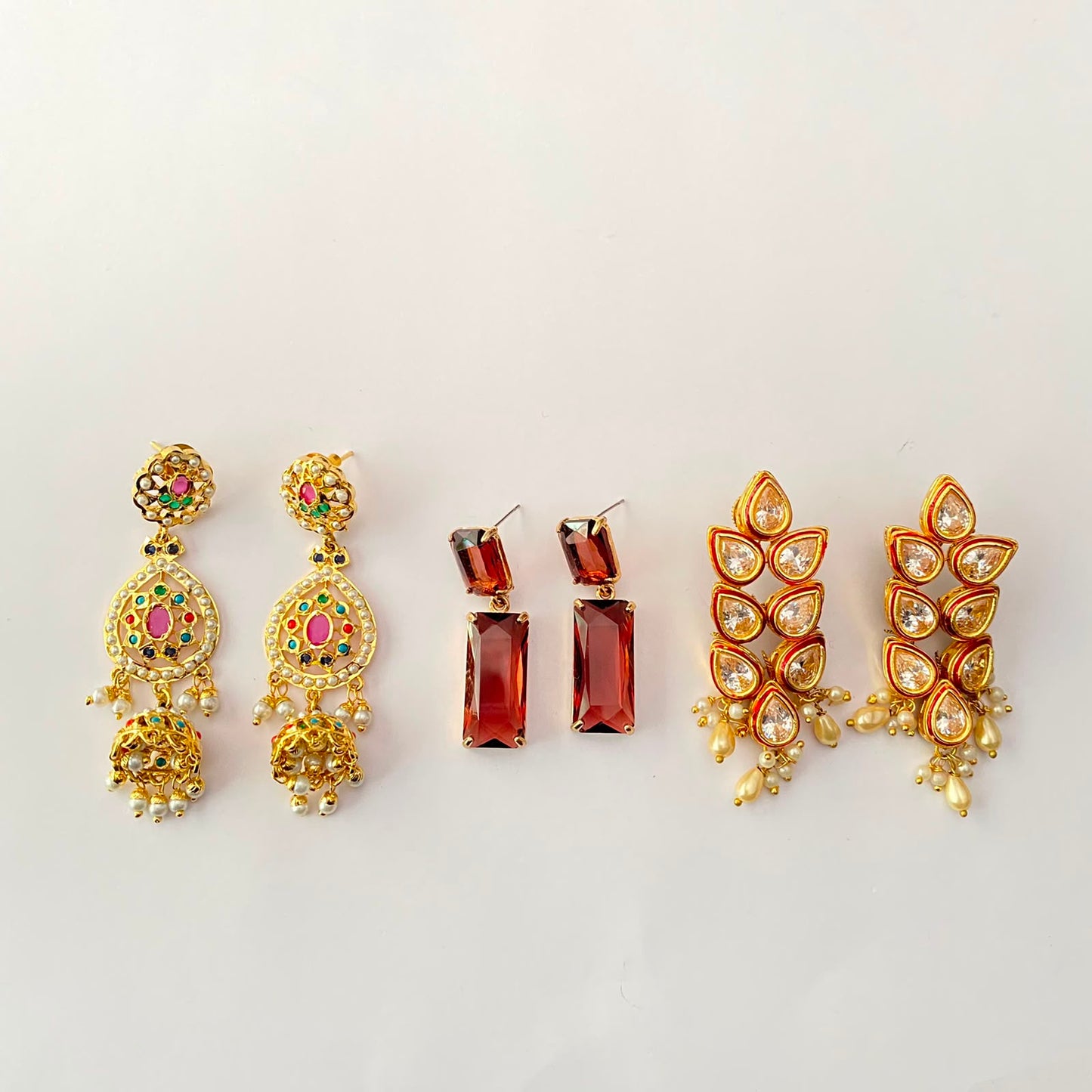 Gold Plated Jadau Multi Kundan Crystal Combo Set
