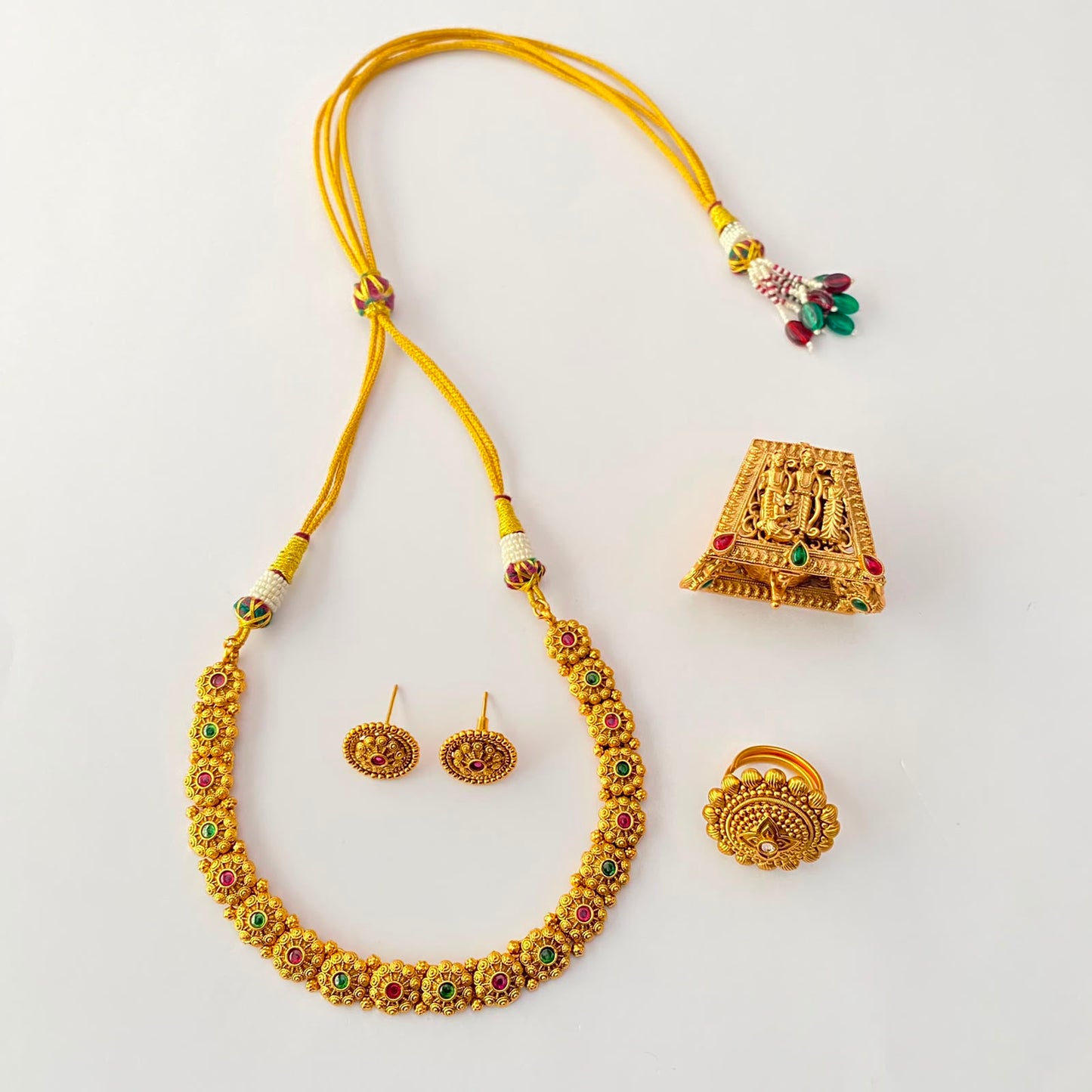 Gold Plated Necklace, Ring And Sindoor Dabbi Combo Set