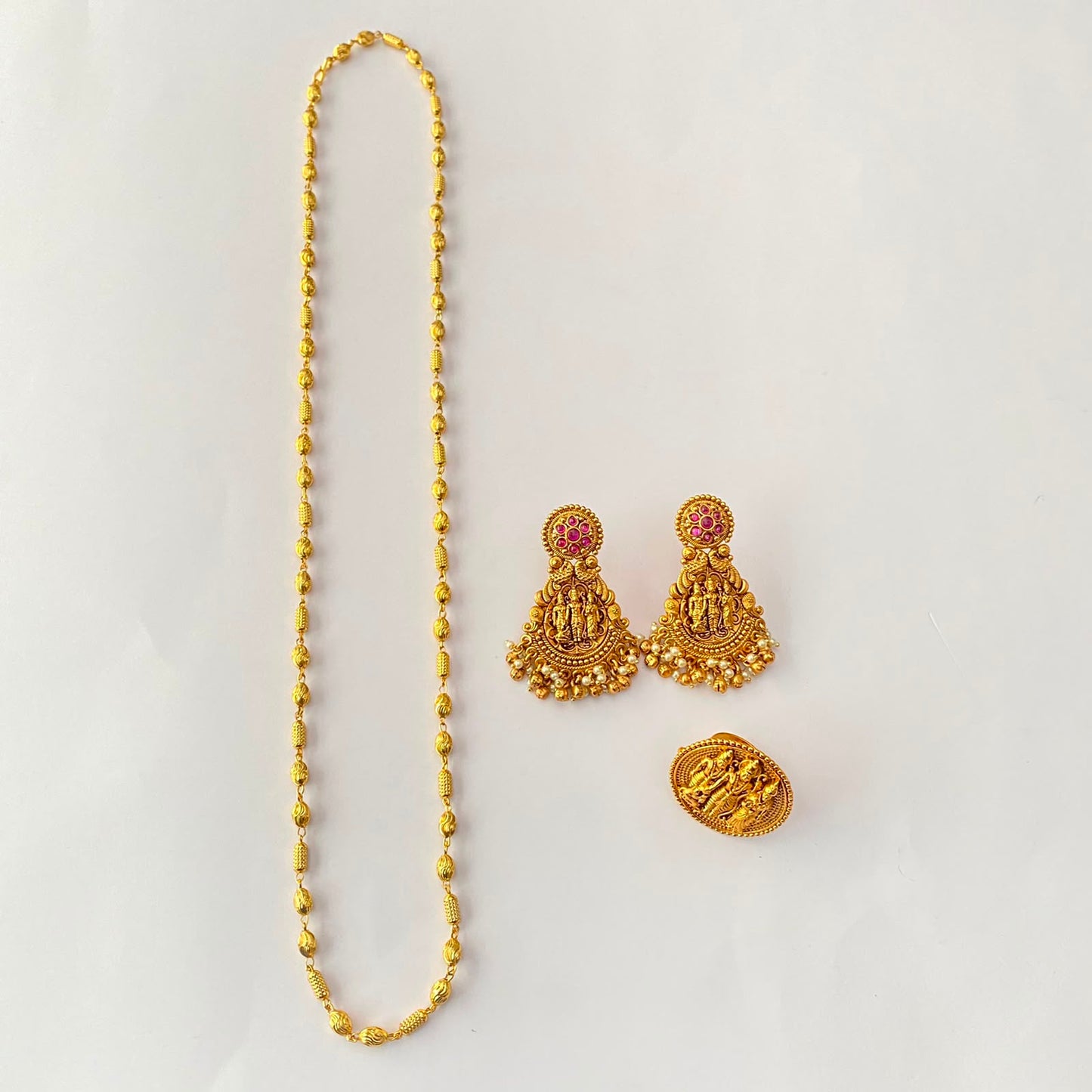 Gold Plated Ram Darbar Earring, Ring With Chain Combo.