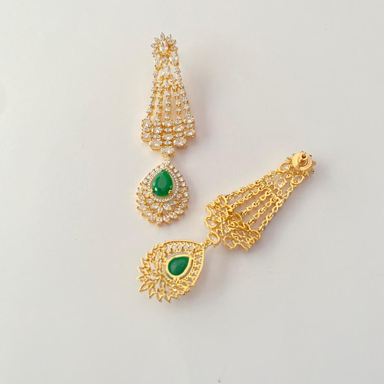 Emerald Gold Plated Diamond Long Dangler Earring