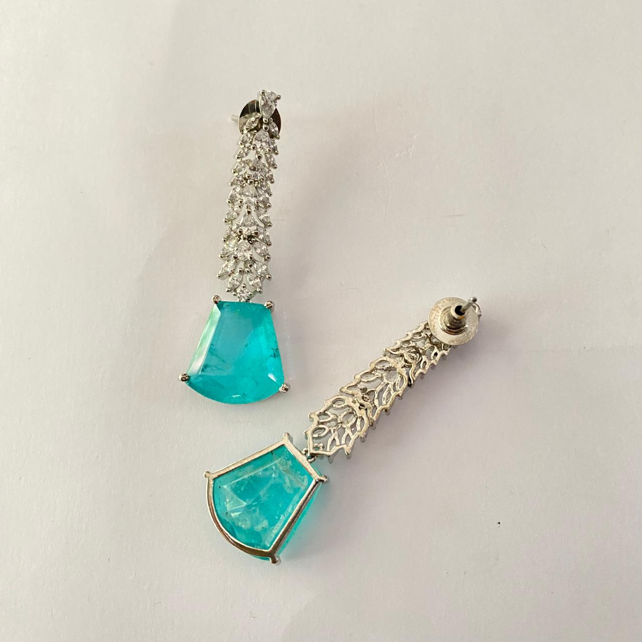 Aqua Silver Plated Diamond Dangler Earring