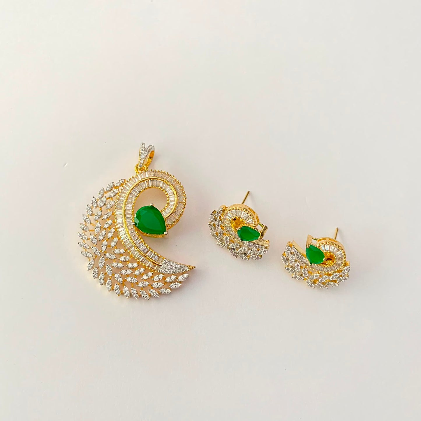 Diamond Gold Plated Green Stone Pendant Set