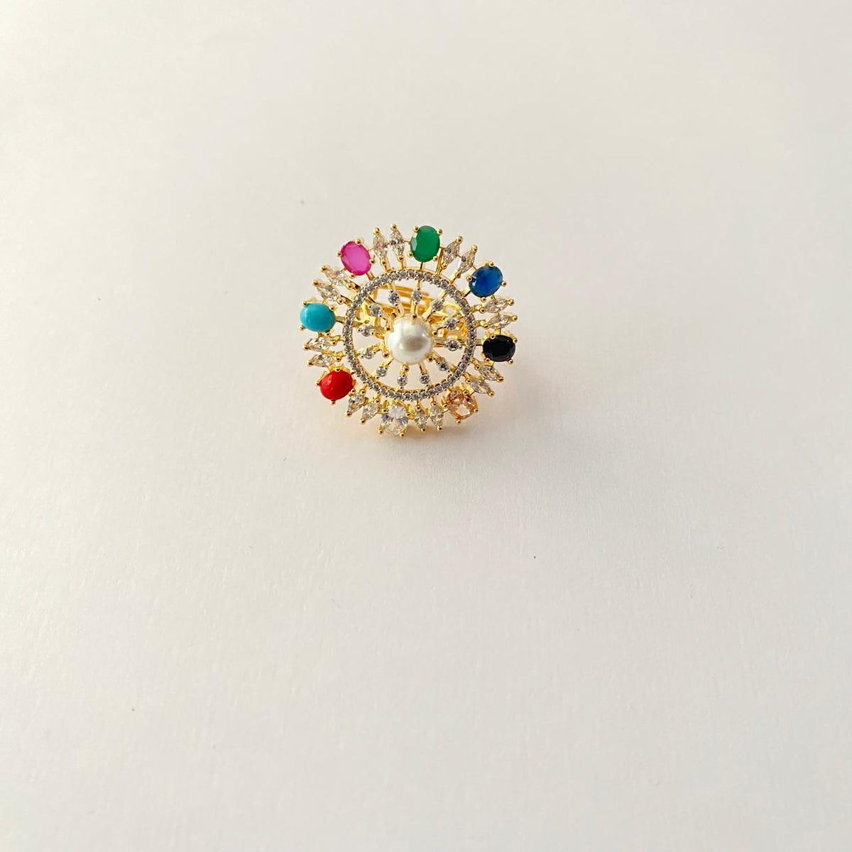 Central White Pearl Surrounded by Colorful Stone Gold Plated Diamond Ring