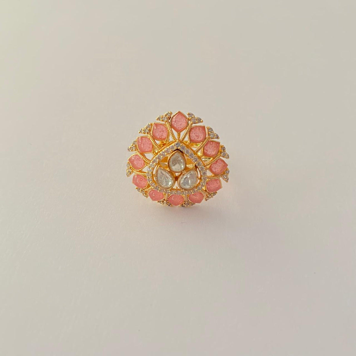 Pink Floral Polki Ring