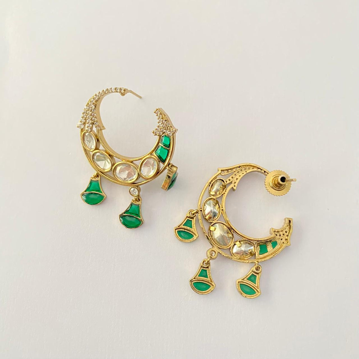 Emerald Gold Plated Polki Chandbali Design Earring