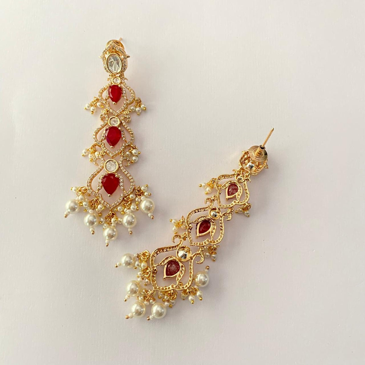 Red Stone Gold Plated Long Earring