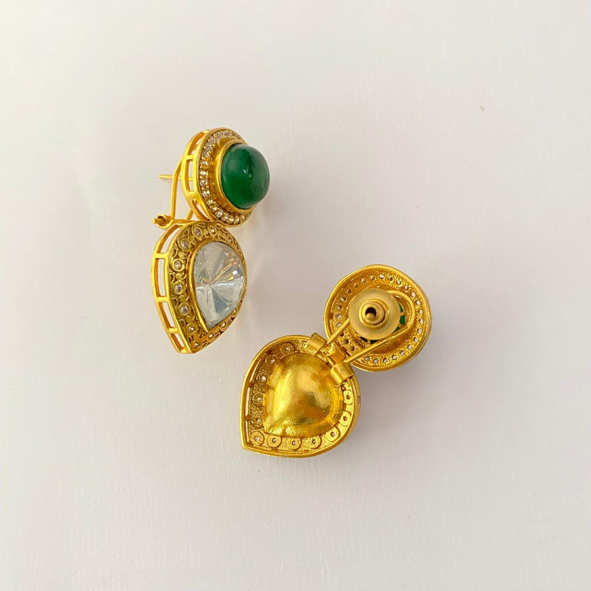Polki Emerald Gold Plated with Back Clip Earring