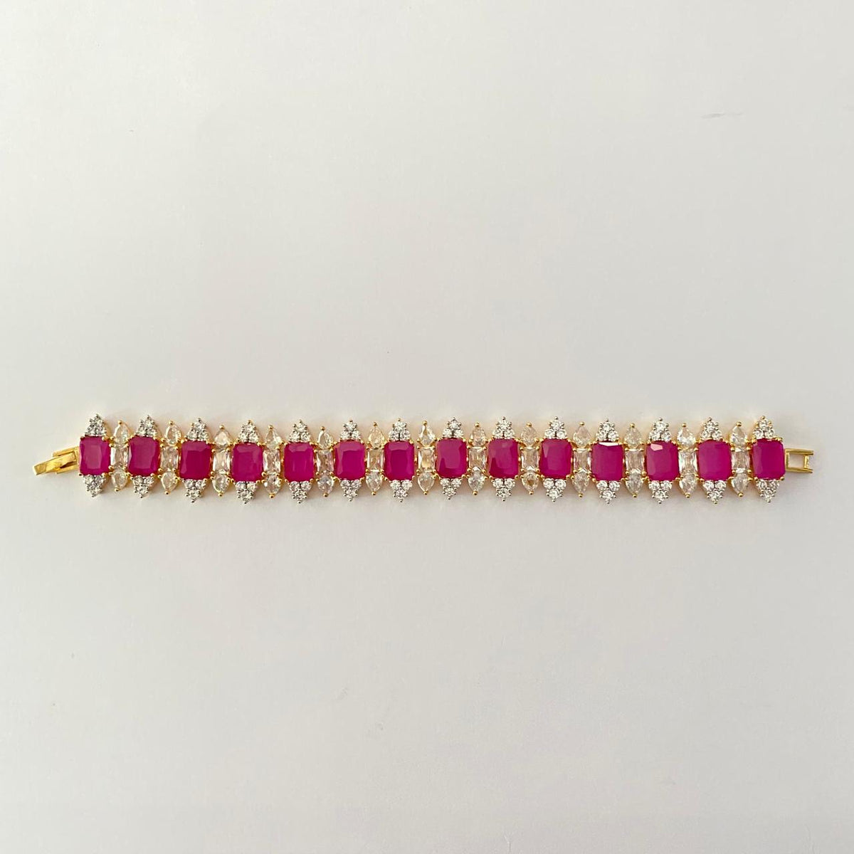 Diamond Ruby Square Shape Stone Gold Plated Tennis Bracelet