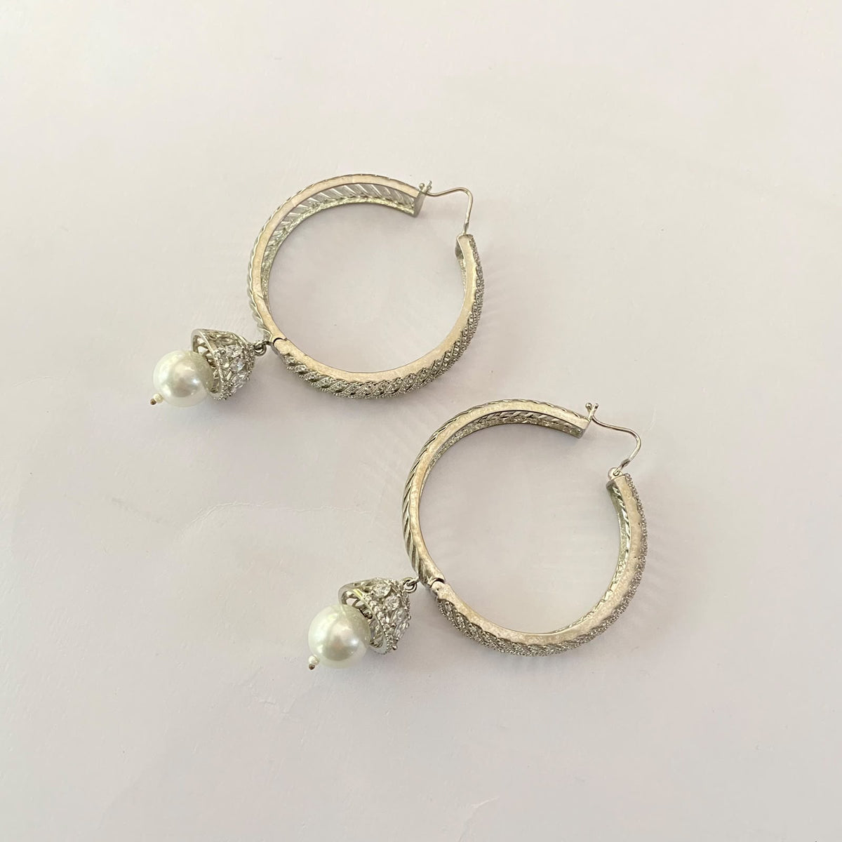 Silver Plated Diamond Drop Pearl Big Bali