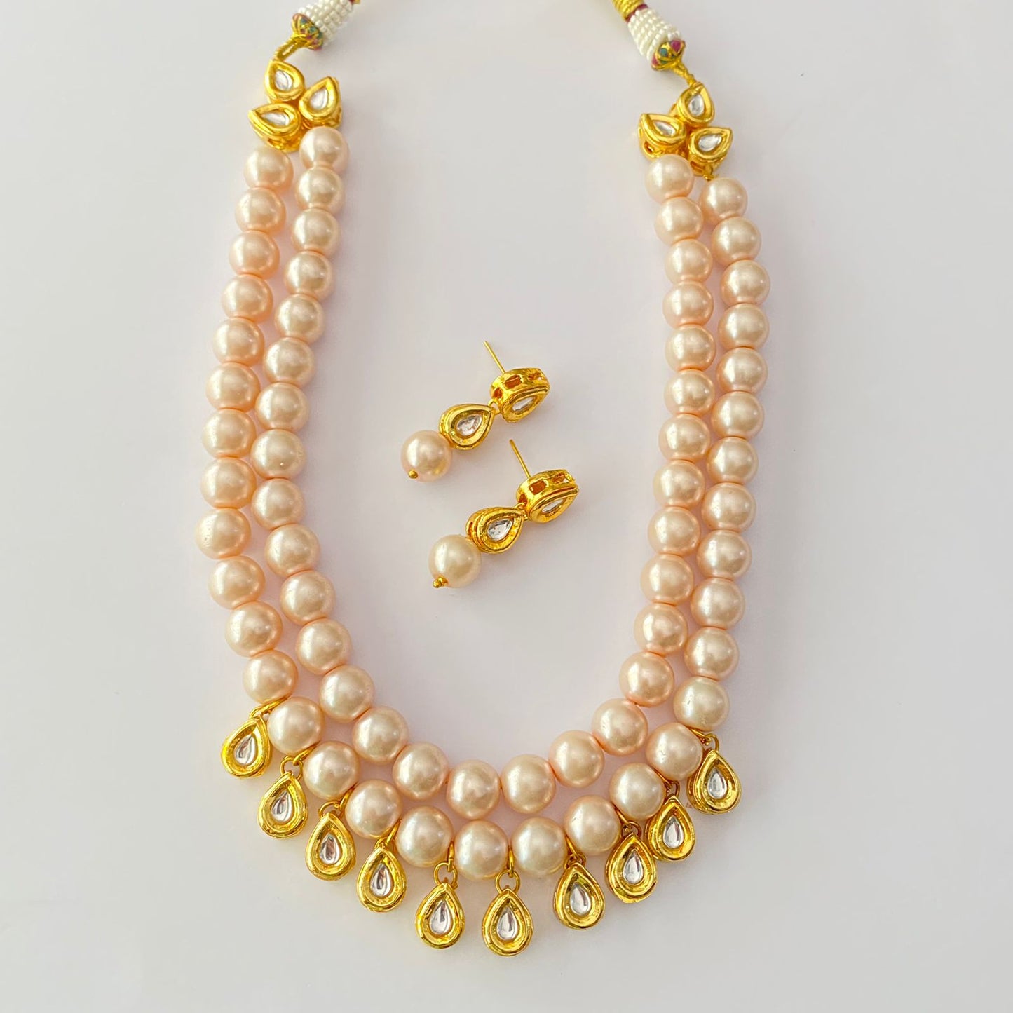 Light Pink Pearl Drop Kundan Necklace Set