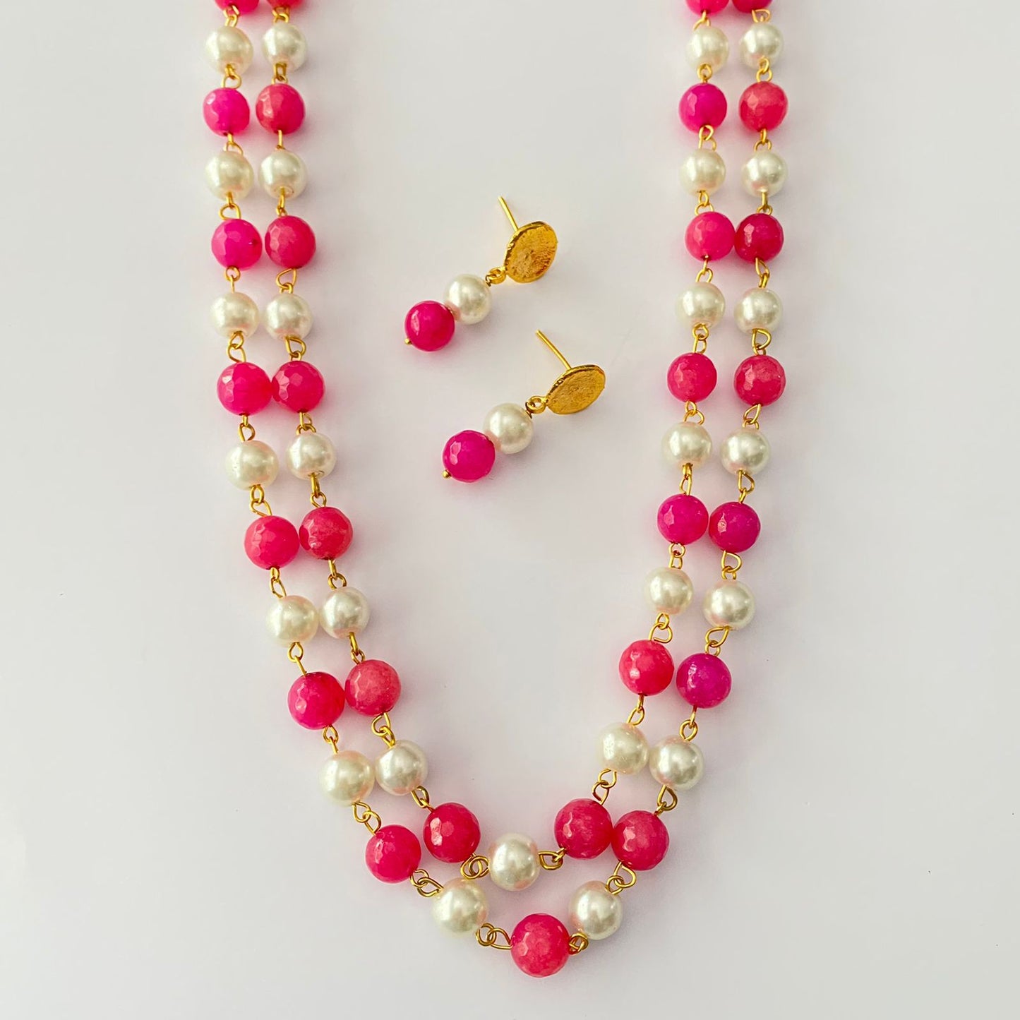 Ruby $ Pearl Double Line Necklace Set