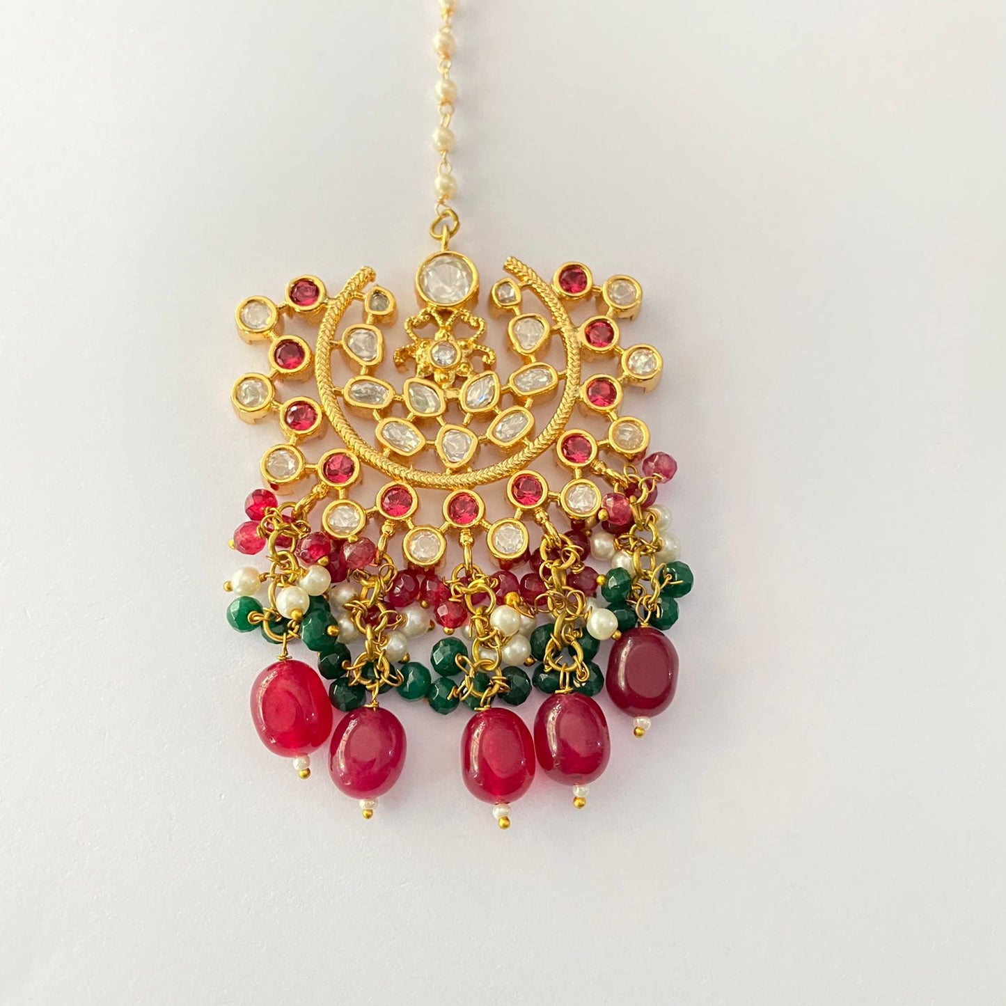 Ethnic kundan stone red drop big maangtikka