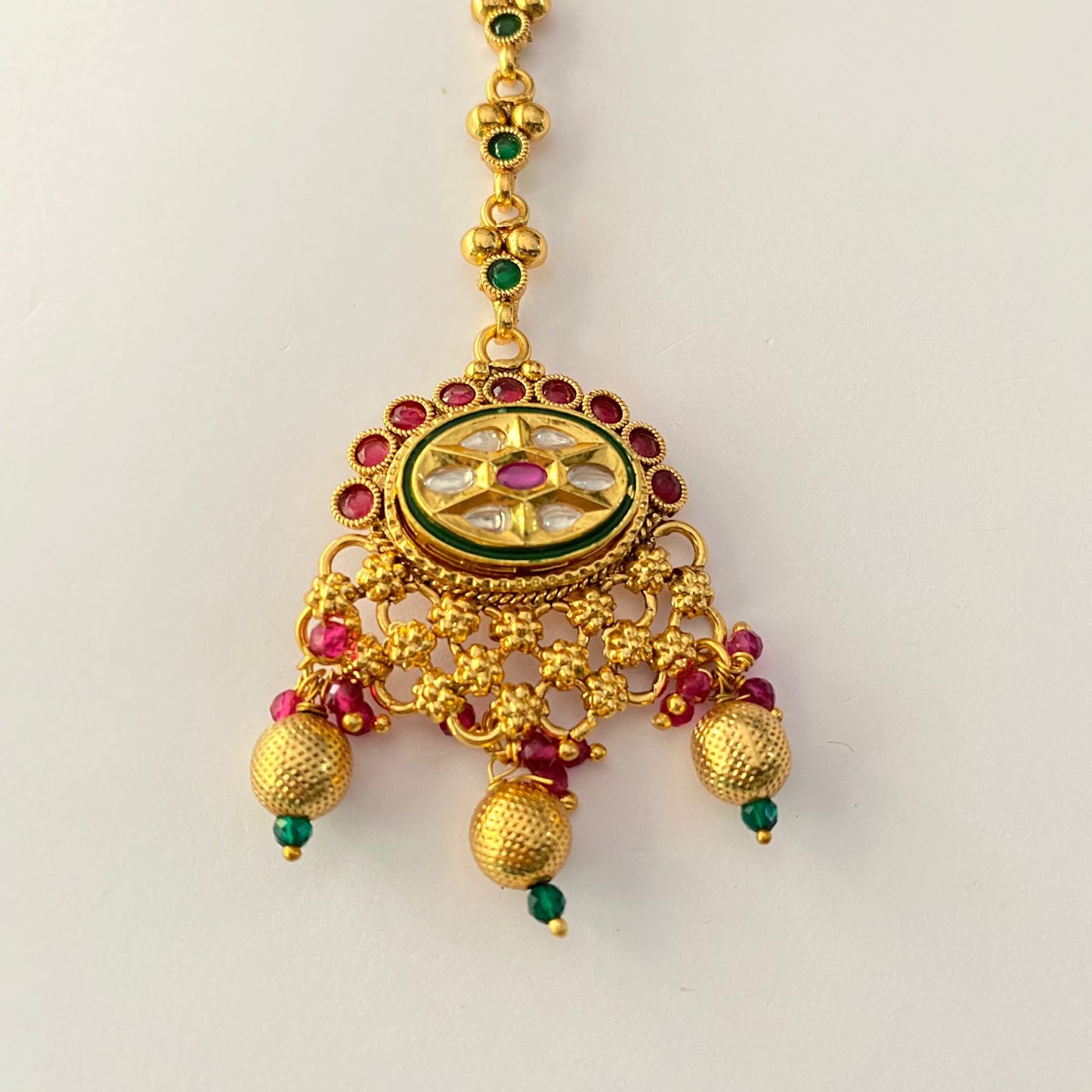 Ethnic Antique gold plated red stone small maangtikka
