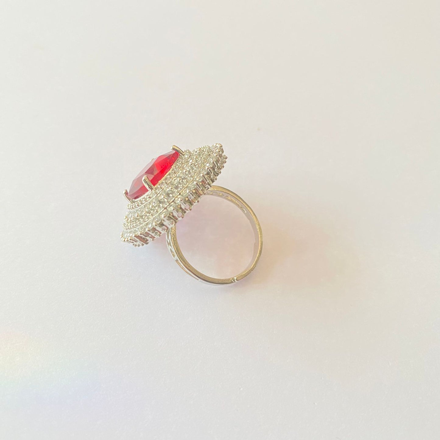 Red Stone Silver Plated A.D Adjustable Ring