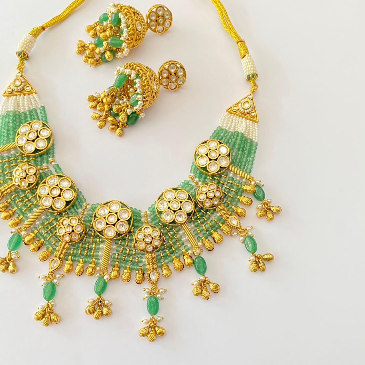 Green Beads Polki Necklace Set