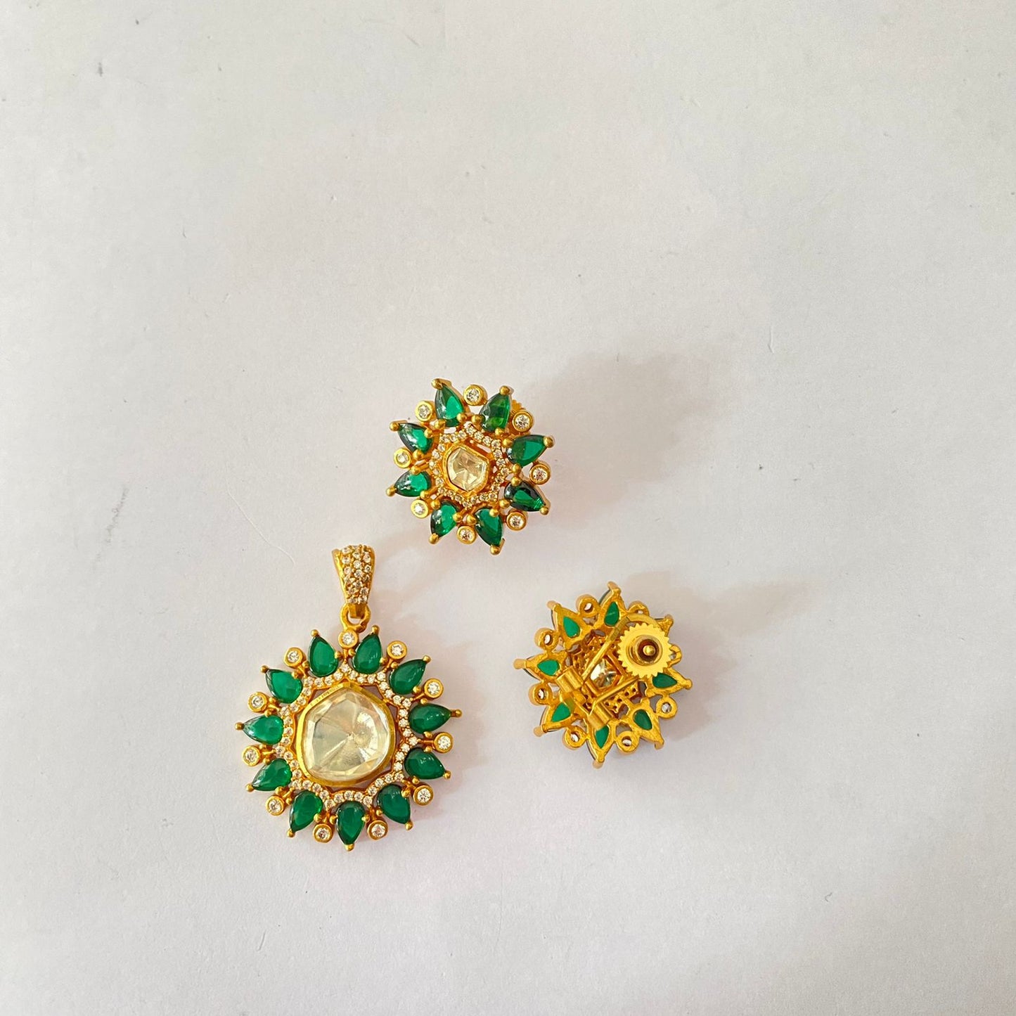Polki Green Gold Plated Pendant Set