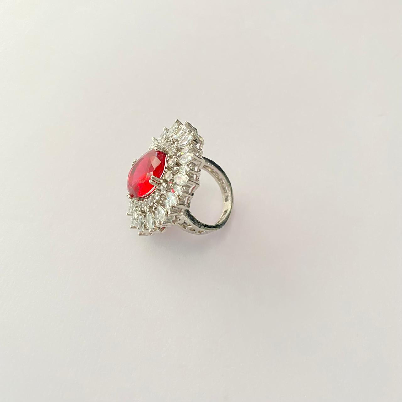 Ruby Stone Silver Plated A.D Big stone Adjustable Ring