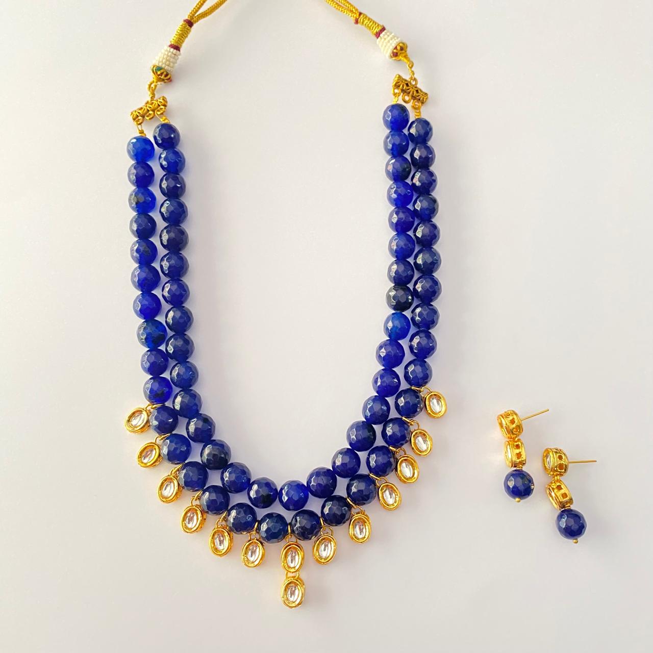 Blue Gold Kundan Double Line Necklace Set