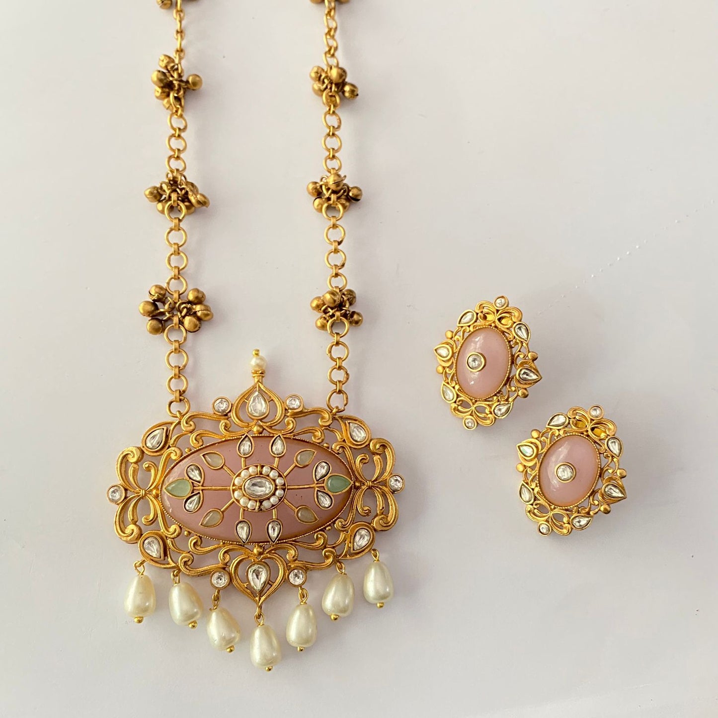 Rose Quartz Gold Plated Polki Necklace Set