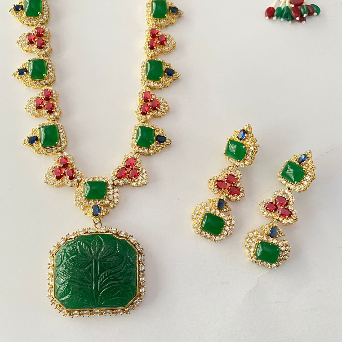Gold Plated Green & Ruby Necklace Set