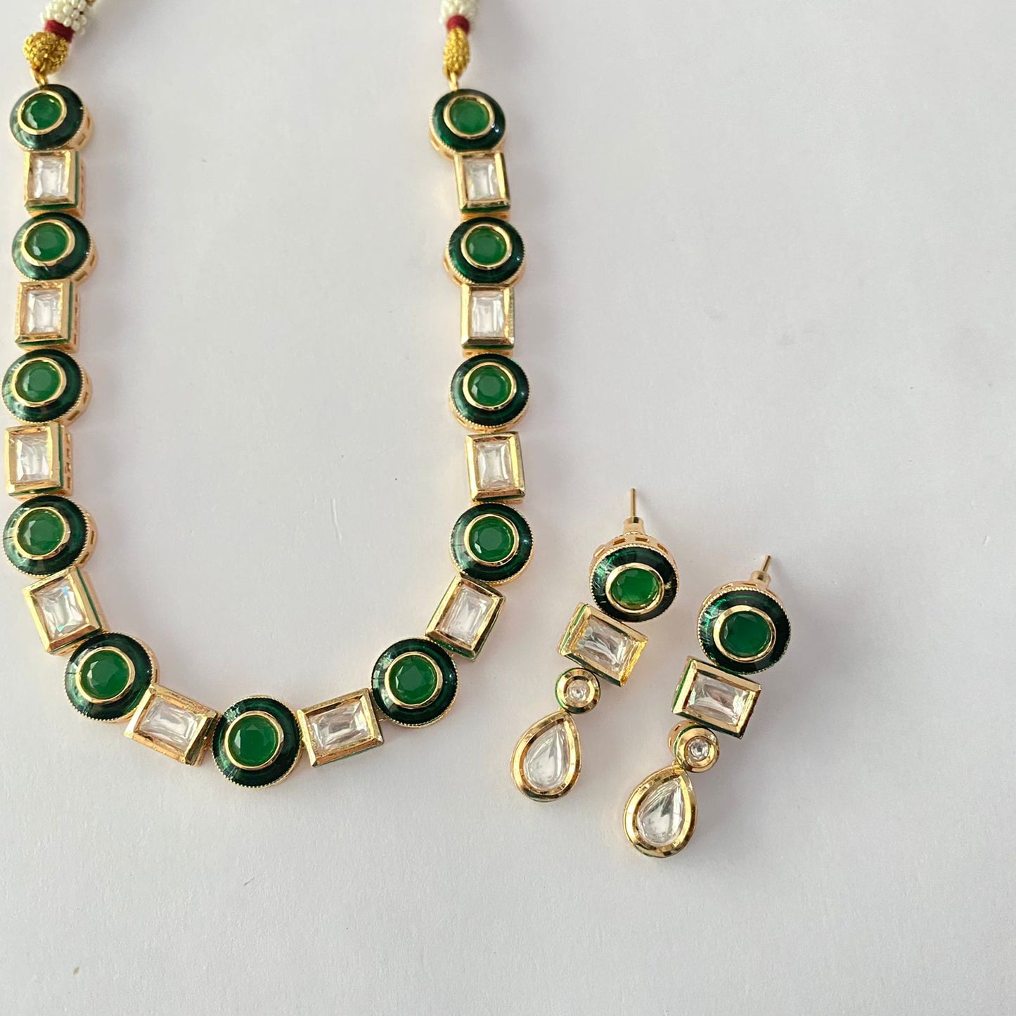Single Line Kundan Green Necklace Set