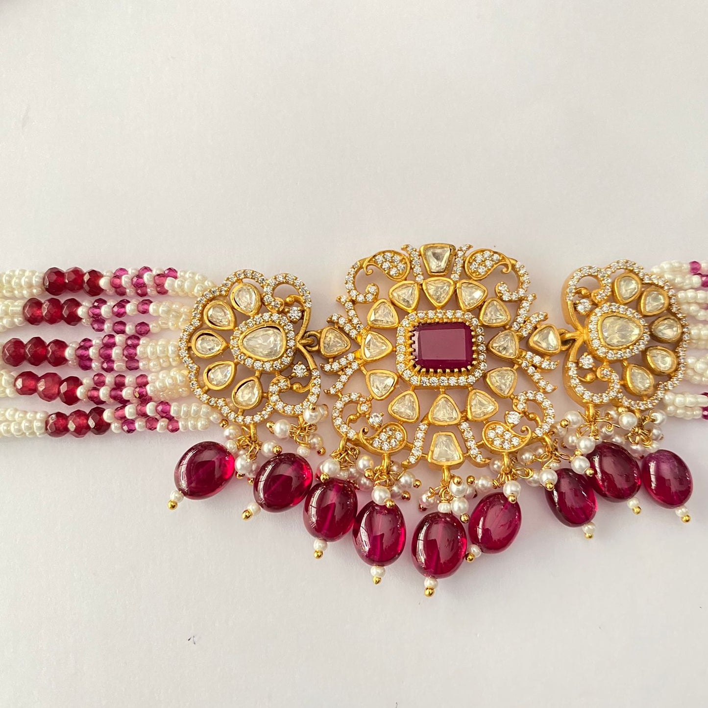Gold Plated Moissanite Ruby Choker Set