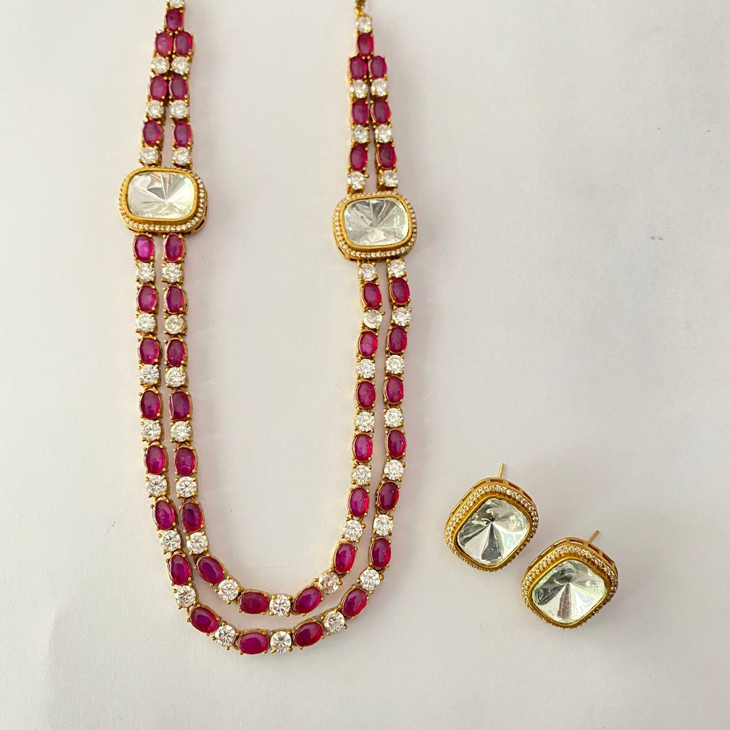 Moissanite Double Line Ruby Polki Necklace Set