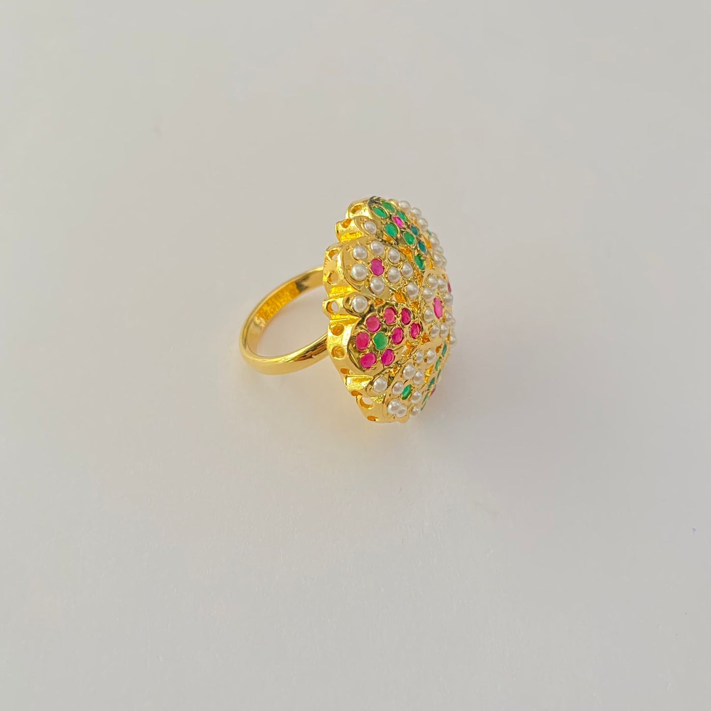 Multi Stone Floral Gold Plated Jadau Adjustable Ring