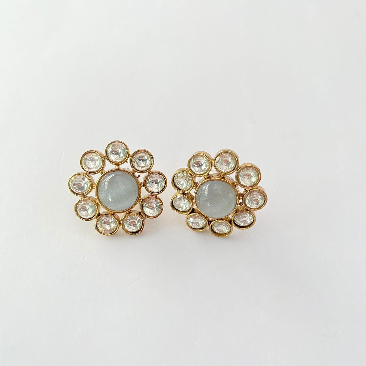 Grey Stone Floral Antique Gold Plated Stud Earring