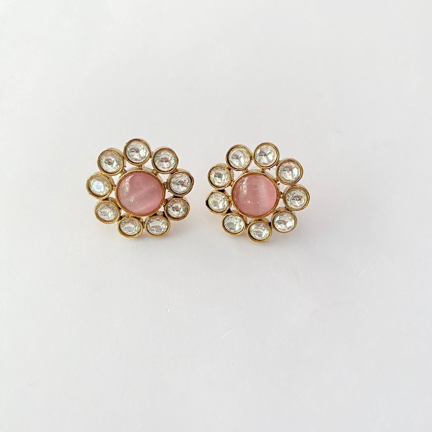 Pink Stone Antique Gold Plated Floral Stud Earring