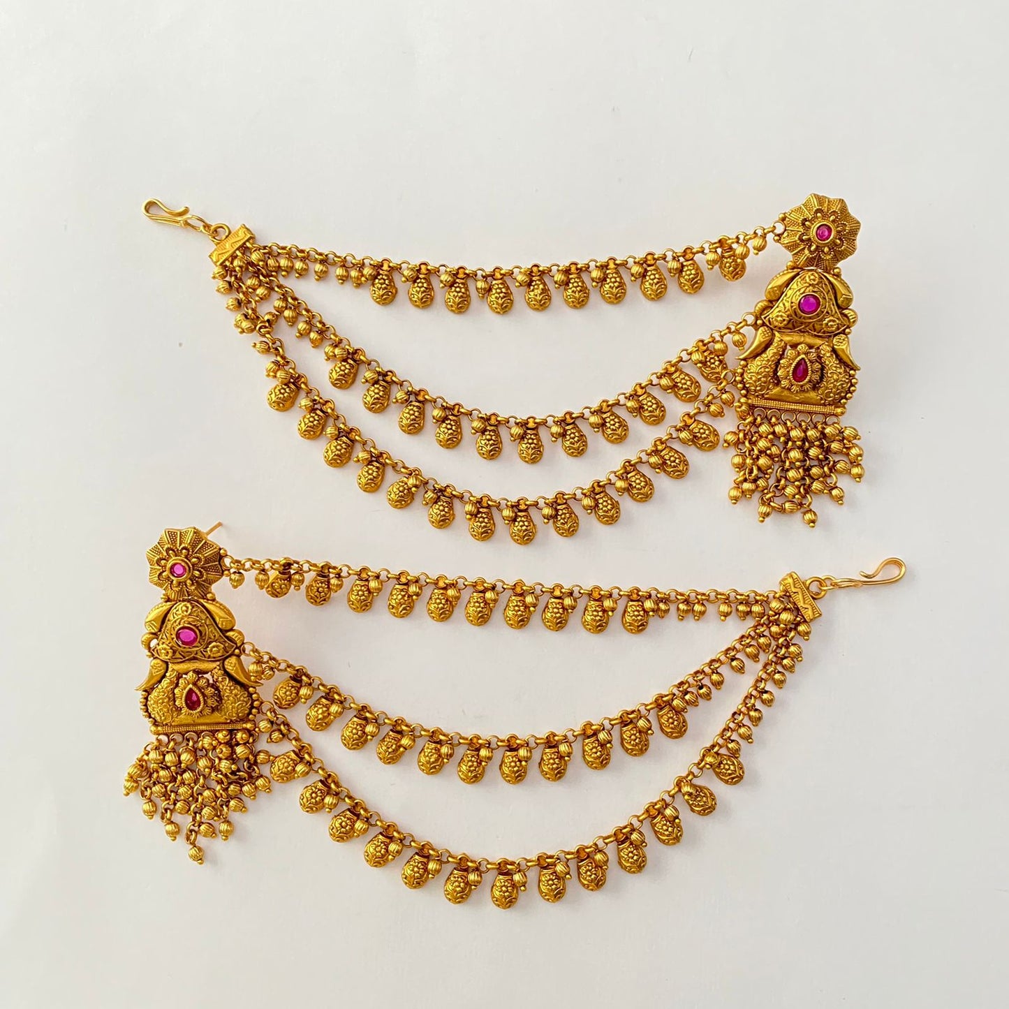 Ethnic Ruby Stone Antique Gold Plated 3 layer Dangler Earring