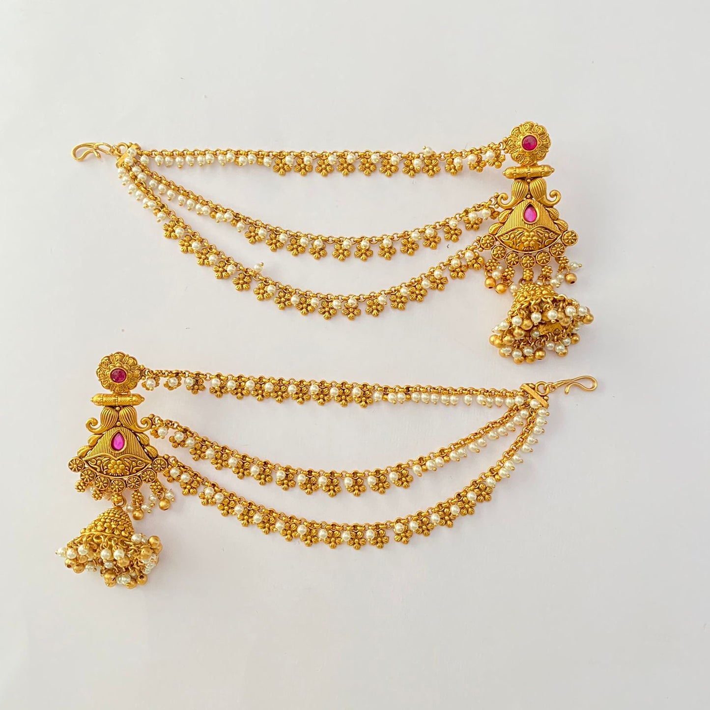 Ethnic Ruby Stone Antique Gold plated With pearl 3 layer Kaan chain Dangler Earring