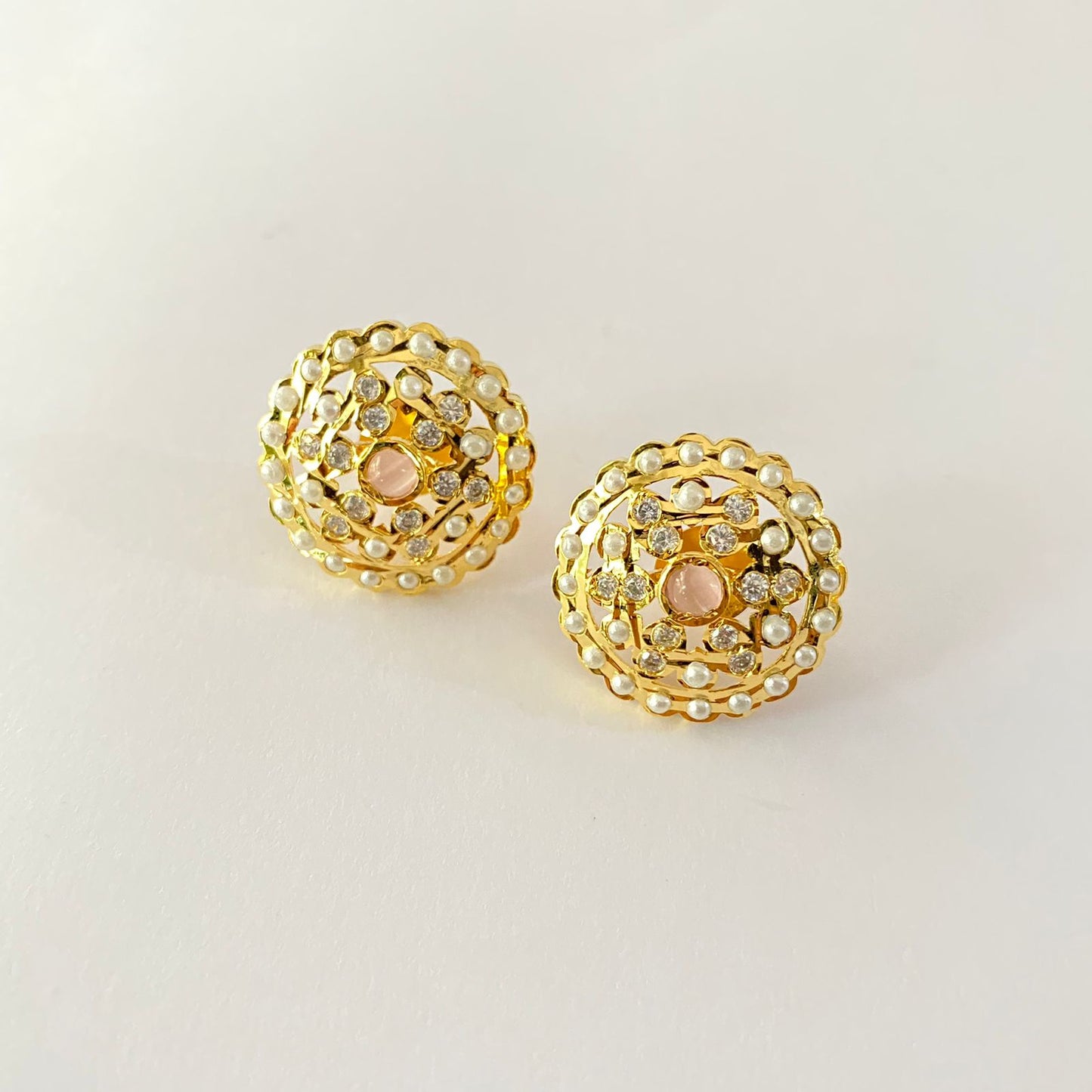 Jadau Gold Plated Round Pink Stone With Pearl Stud Earring