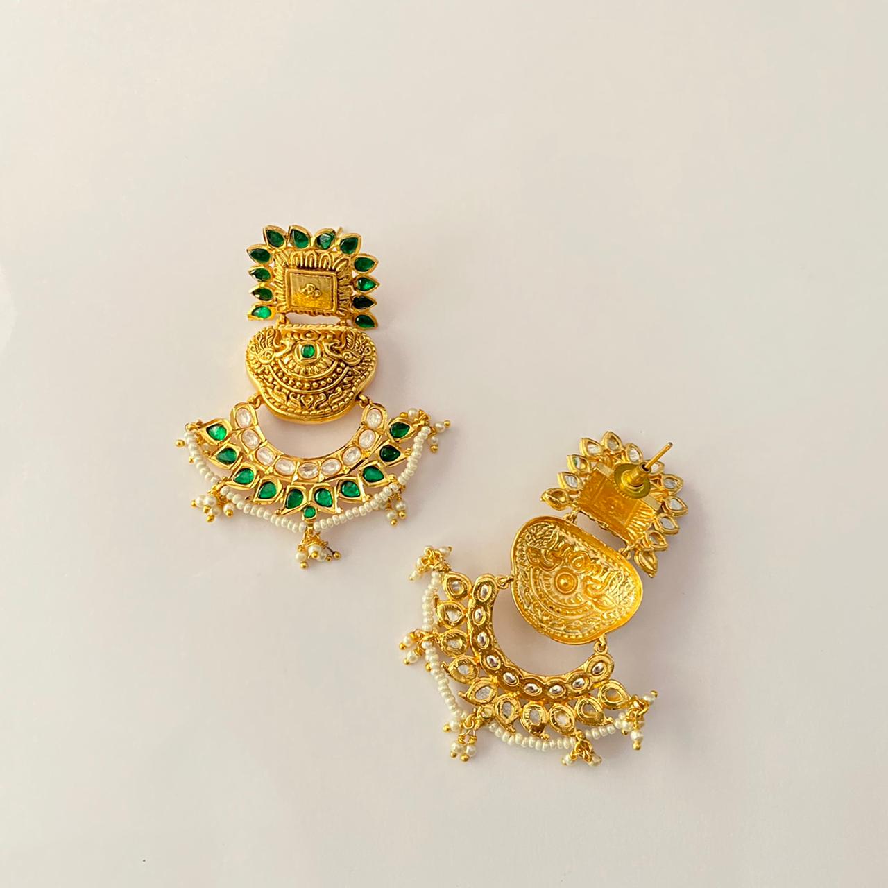 Ethnic Gold Plated Green Stone Dangler Earring