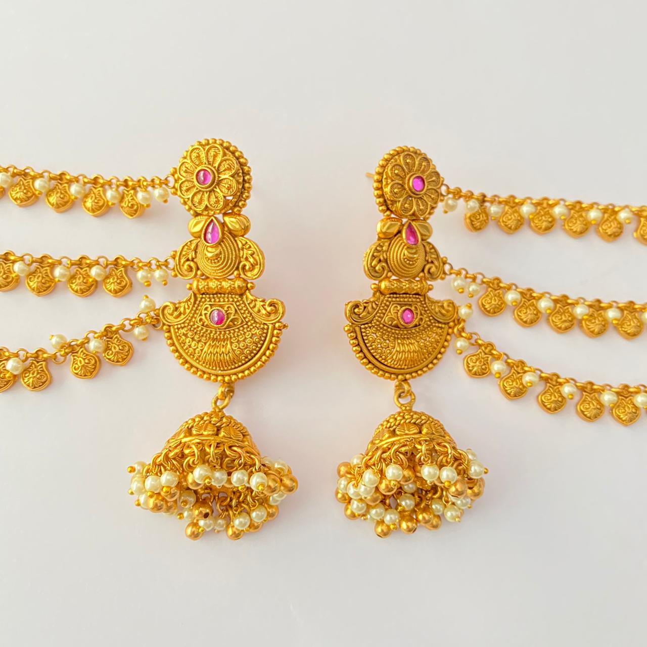 Antique Gold Ethnic Ruby Kaan Chain Jhumka