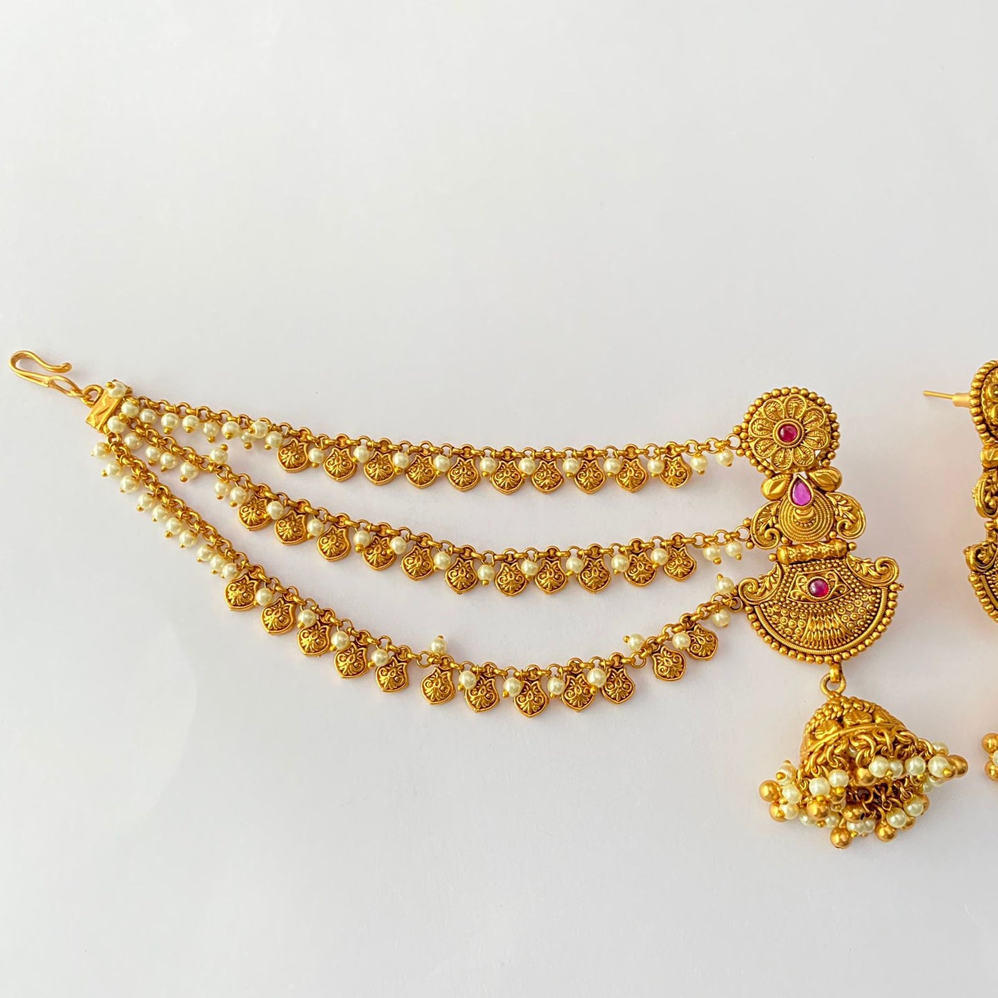 Antique Gold Ethnic Ruby Kaan Chain Jhumka
