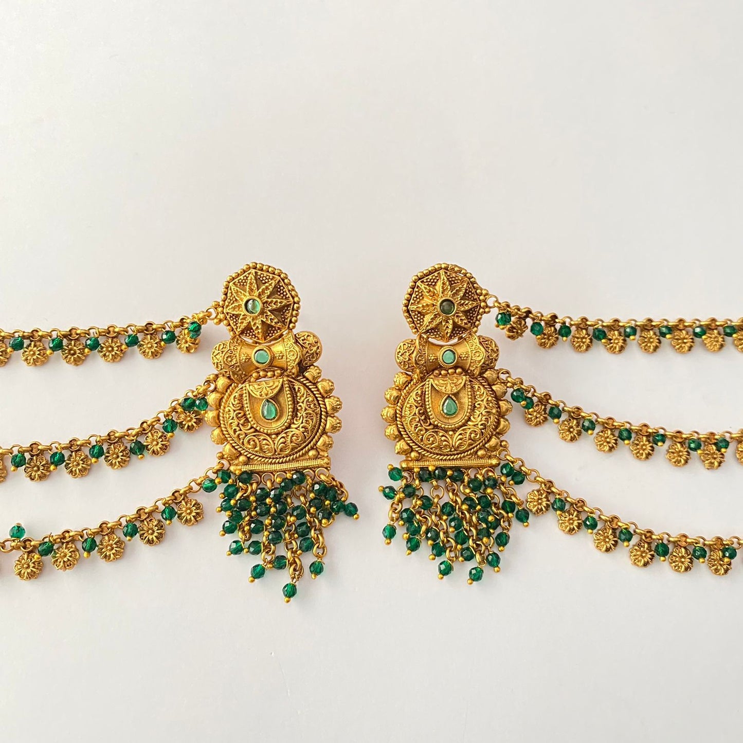 Traditional Green Beads Antique Gold Kaan Chain Earring
