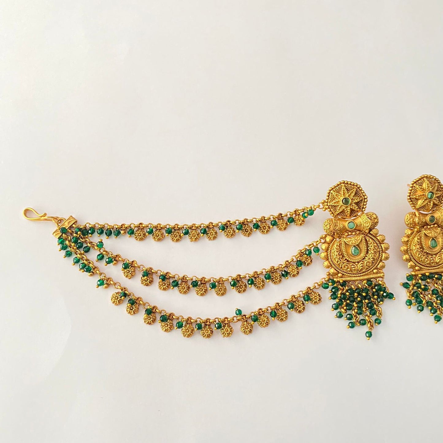 Traditional Green Beads Antique Gold Kaan Chain Earring