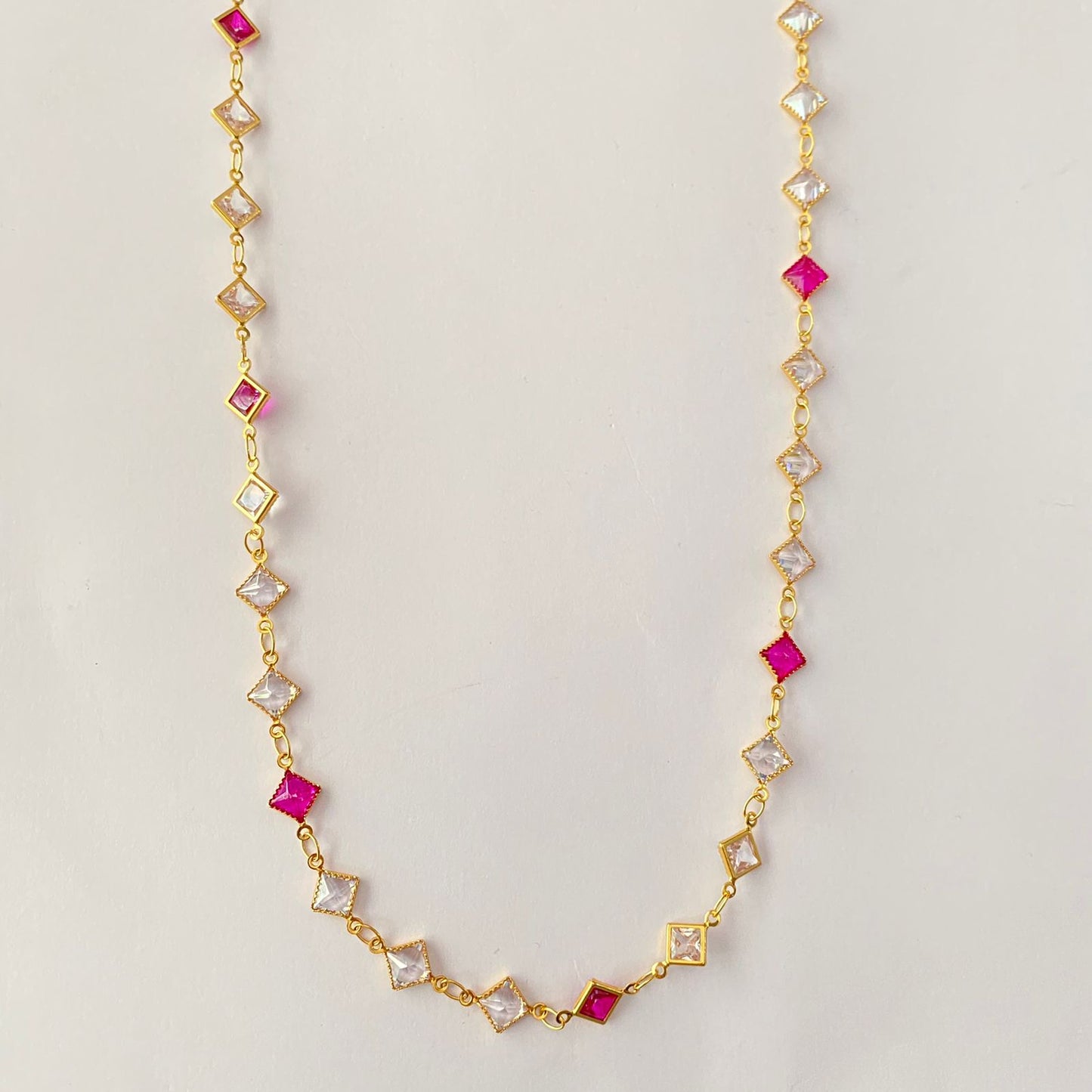 Gold Plated Long Ruby & White Stone Triangle shape Chain