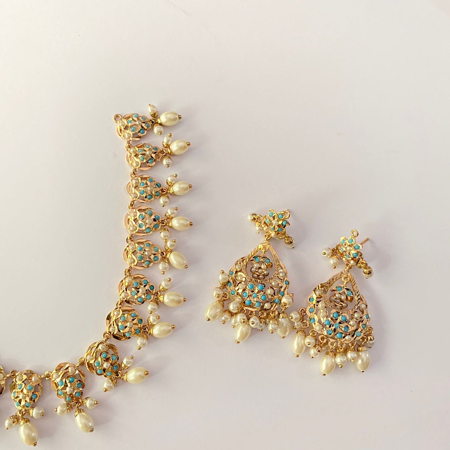 Firoza Gold Plated Drop Pearl Sleek Jadau Necklace Set