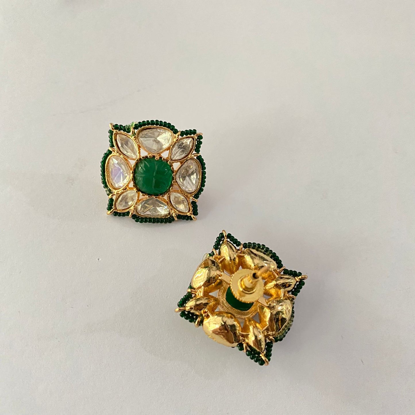Gold Plated Polki Green Stud