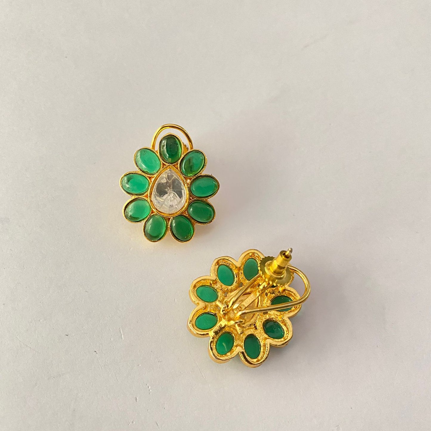 Gold Plated Green Polki With Back Clip Stud