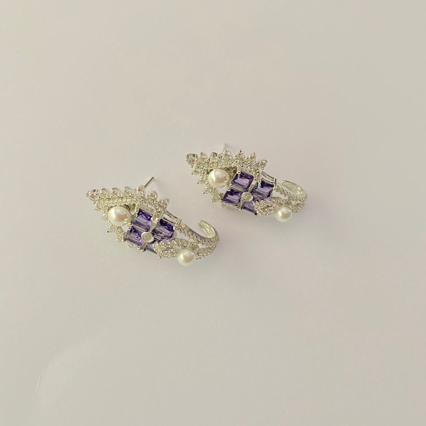 Purple Stone A.D Silver Plated Pearl Earring