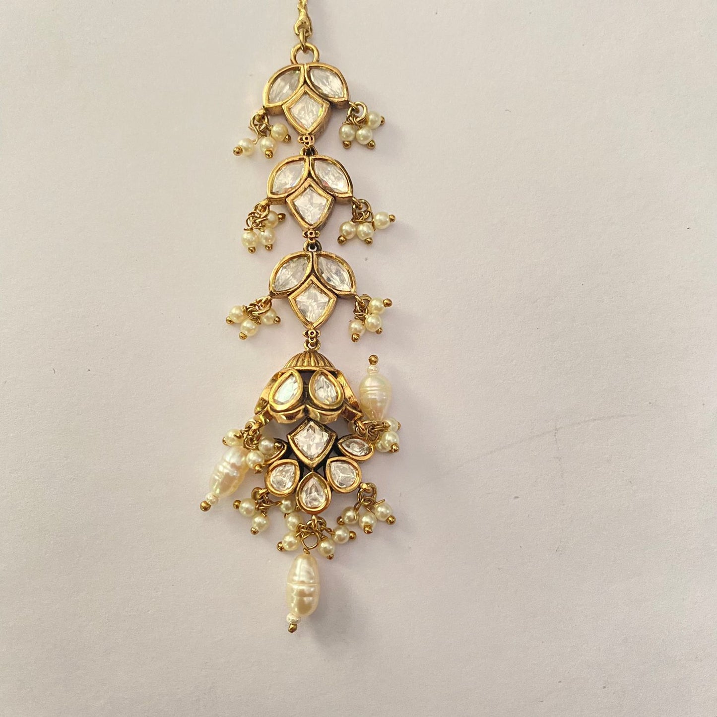Antique Gold Plated Polki with pearl Drop Mangtika